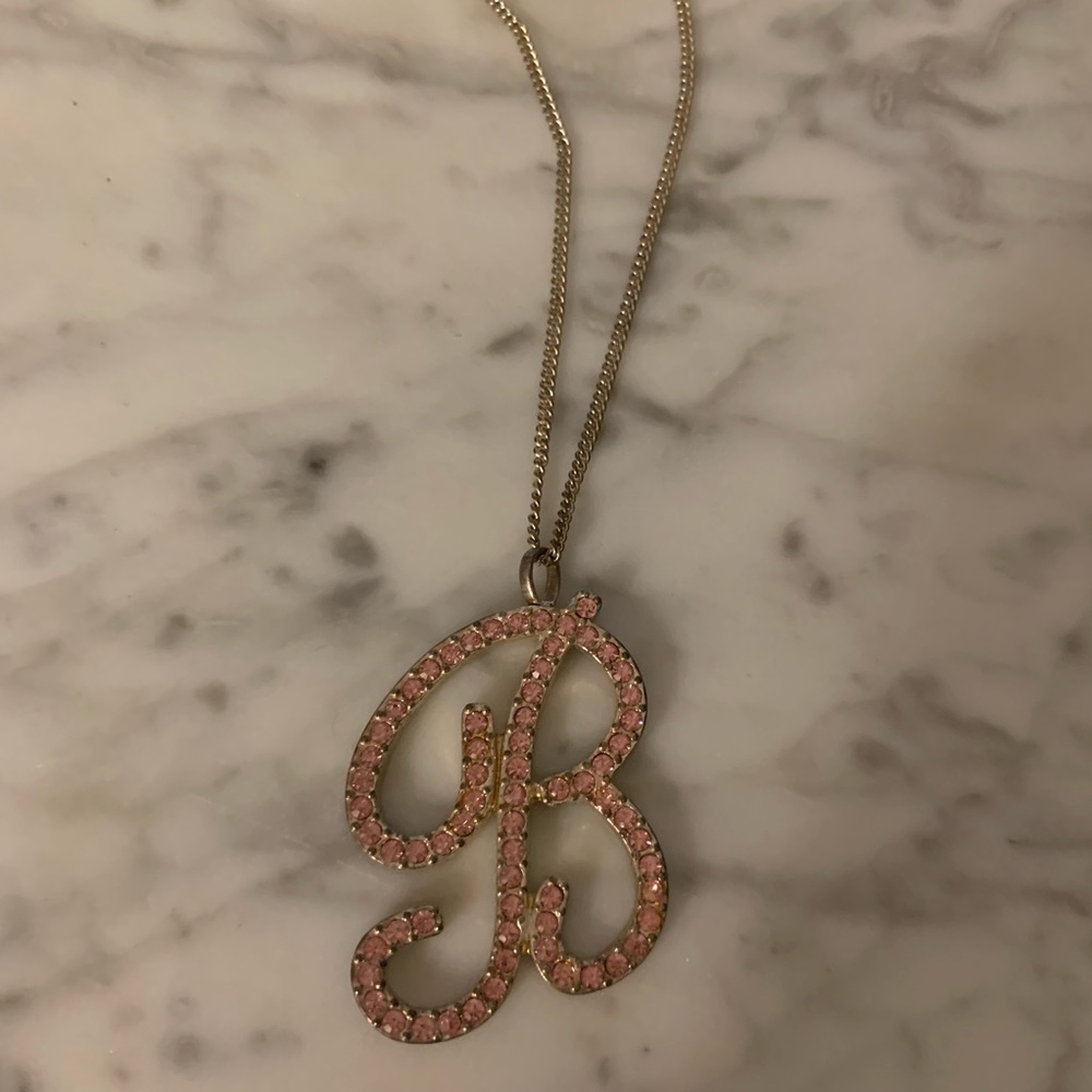 B Rhinestone Pendant Necklace - Picture 2 of 5